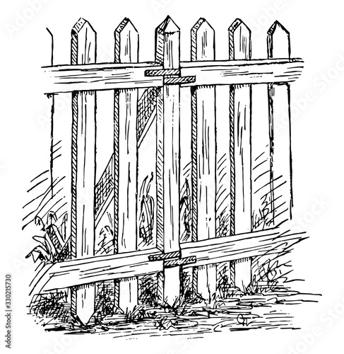Picket fence, rail,  vintage engraving.