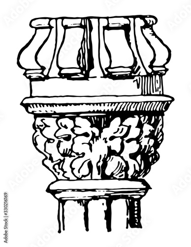 Capital, decorations,  vintage engraving.