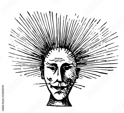 Man's face with electrified hair, vintage engraving.