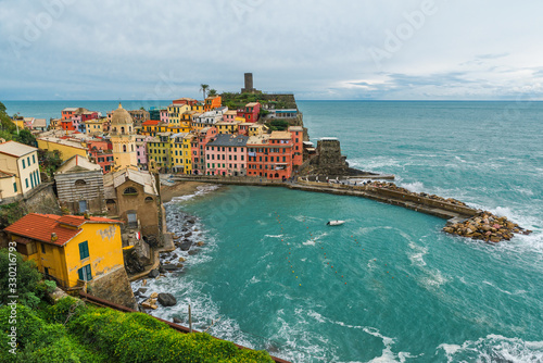 Aerial view on village of Vernazza, on the Cinque Terre coast of Italy