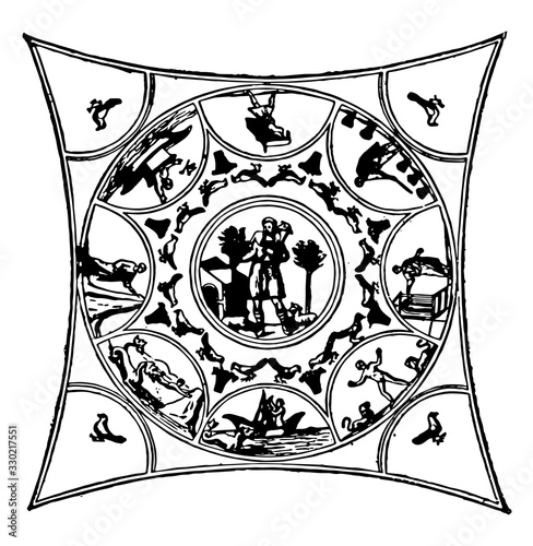 Fresco Ceiling, time,  vintage engraving.