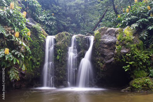 Natural waterfall surrounded by rocks and foliage at the Parque Natural da Ribeira dos Caldeir  es  S  o Miguel island  Azores. Soft diffuse sunlight comes from the forest above. Long exposure image.