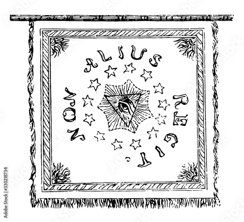 Pulaski's Banner, this banner has  an eye inside triangle at center, it is surrounded by five pointed stars, NON ALIUS REGIT written on banner, vintage line drawing or engraving illustration photo