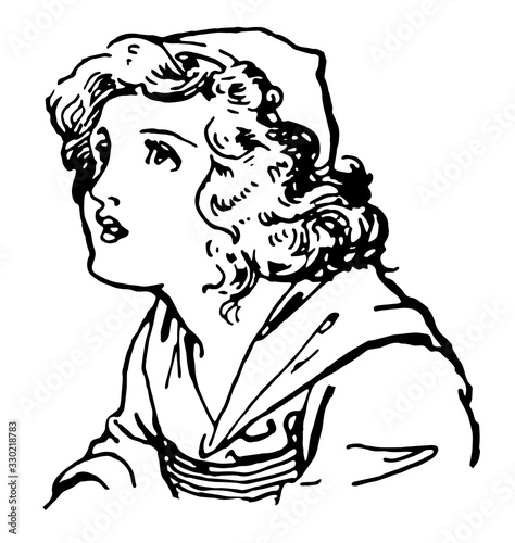 Young girl looking up and toward the left, vintage engraving.
