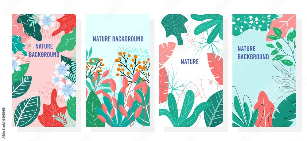 Vector set nature background, Floral  background design greeting card, nature cards, banner, cover, templates, posters.