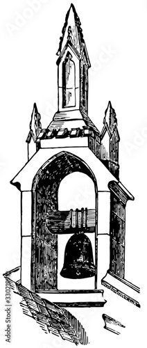 Belfry in Idbury Oxfordshire, enclosing bells,  vintage engraving.