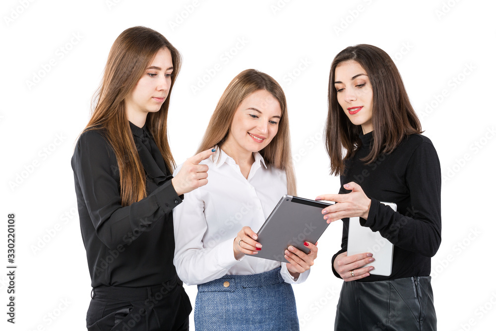 United Team Of Business Women. Portrait team of three smiling businesspeople isolated on white background. business women standing in a row. Female Business Team. Teamwork theme. Business and Finance United Team Of Business Women. Portrait team of three smiling businesspeople isolated on white background. business women standing in a row. Female Business Team. Teamwork theme. Business and Finance