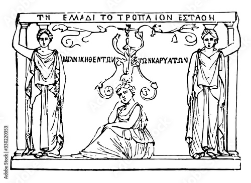 Caryatides, Caryae was a city, vintage engraving.