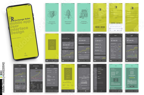 Mobile app design, UI, UX. A set of graphic screens with the login and password, home page, exchange rate, list of payments, archim exchange rates and current account information.