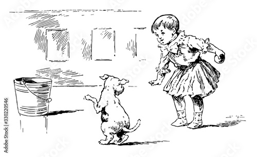 Fetch playing with A child and dog, vintage engraving.