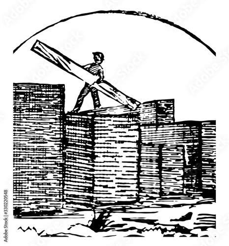 Lumber yard, vintage illustration.