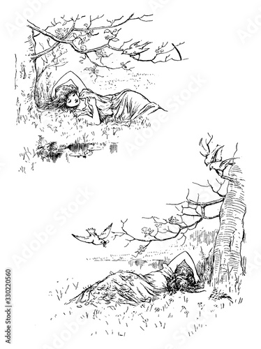Sweet Amarillis by a spring's soft and soul murmuring's Slept and thus sleeping thither flew a robin-red-breast, vintage engraving.