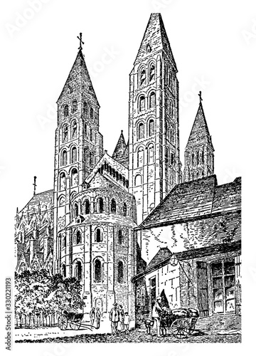 Tournai Cathedral, The Encyclopedia Britannica, vintage engraving.
