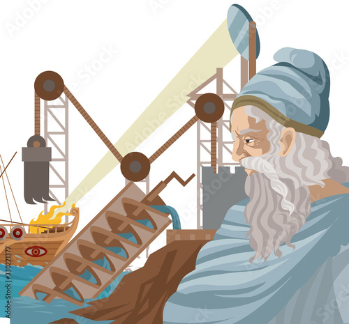 archimedes great ancient inventor with crane, heat ray lens and water screw