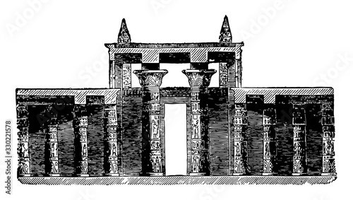 Temple of Karnak, village in Egypt,  vintage engraving.