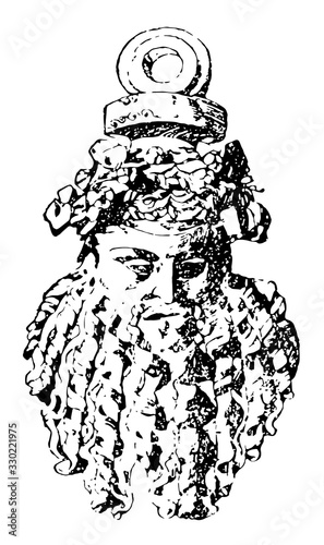 Bacchus mask fragment, vintage engraving.