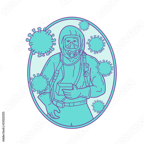 Mono line style illustration of a doctor or medical worker wearing protective or haz chem suit with coronavirus cell floating set inside oval shape on isolated background. 