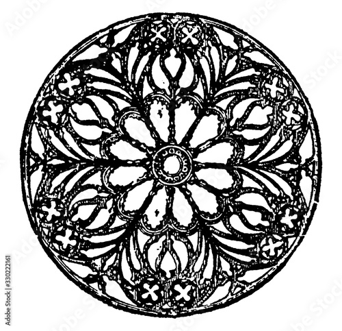 Rose Window, circular window,  vintage engraving.