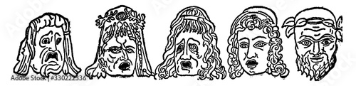 Tragedy masks are origin of Greek drama is to be found in the yearly celebrations, vintage engraving.