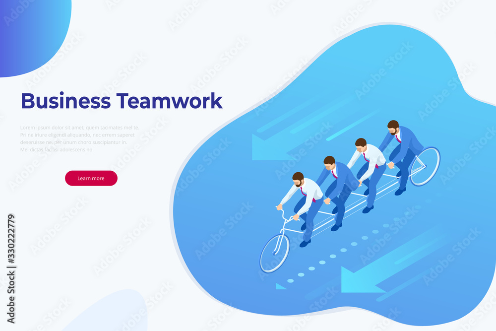 Isometric Goals Setting for Business Team. Creative Idea Teamwork Banner Concept. Business Team Riding Tandem Bicycle. Team success. Business concept illustration.