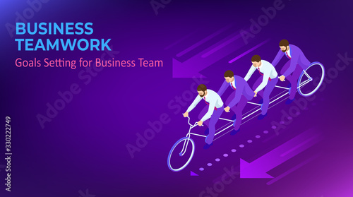 Isometric Goals Setting for Business Team. Creative Idea Teamwork Banner Concept. Business Team Riding Tandem Bicycle. Team success. Business concept illustration.
