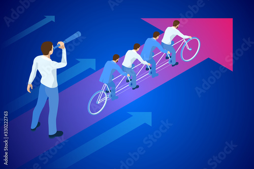 Isometric Goals Setting for Business Team. Creative Idea Teamwork Banner Concept. Business Team Riding Tandem Bicycle. Team success. Business concept illustration.