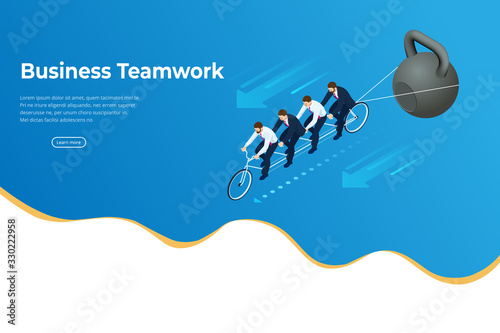 Isometric Goals Setting for Business Team. Creative Idea Teamwork Banner Concept. Business Team Riding Tandem Bicycle. Team success. Business concept illustration.