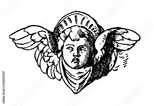 Cherub Head is in Italian Renascence candelabrum, vintage engraving.
