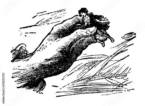 Giant hand holding Gulliver, vintage illustration