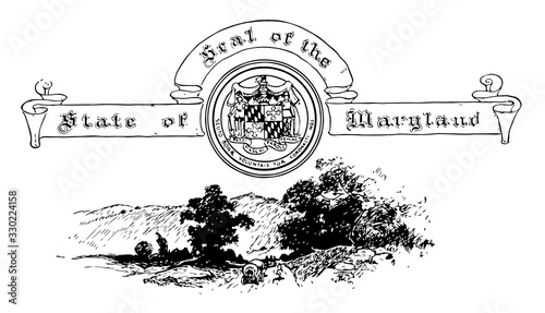 The United States seal of Maryland with the Blue Ridge Mountains in the background, vintage illustration