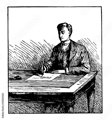 Man writing or man writing on board or on desk,  vintage engraving.