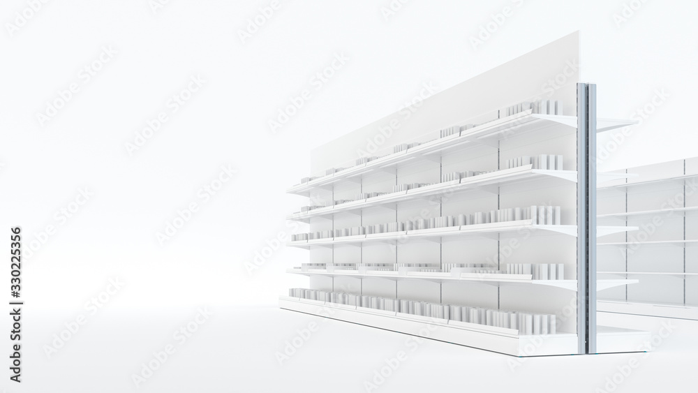 3D image of grocery shelving mockup with simple objects of products, stoppers, shelf talkers and place for shelf tapes on white isolated background