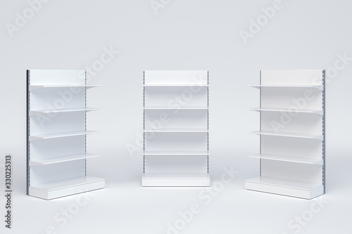 3D image set of regular empty grocery retail shelving with different staying angle and on isolated background