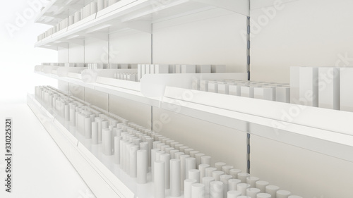 3D image of supermarket grocery shelving mockup in close up view with simple objects of products, stoppers, woblers, shelf talkers and place for shelf tape