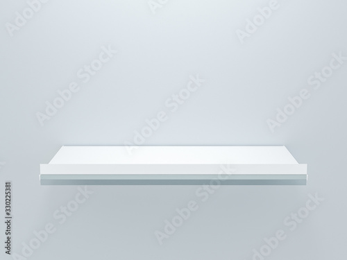 White grocery retail shelf with shelf talker isolated on gray background design template for mock up. 3d rendering design for display product object in supermarket
