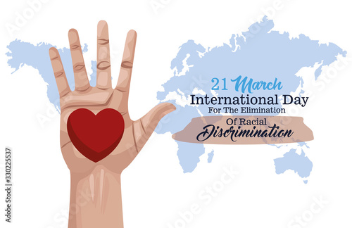 stop racism international day poster with hand and heart