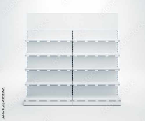 3D image of Two Supermarket Showcase Displays with Shelves, shelf talkers with price tags and toppers staying in the row on isolated background