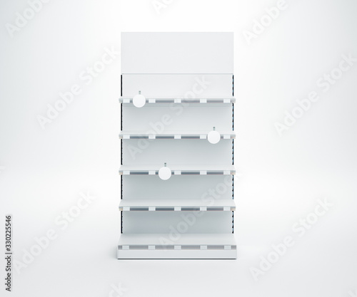 3D image of front view white blank showcase display shelves with topper, wobler, price tags staying on isolated white background photo