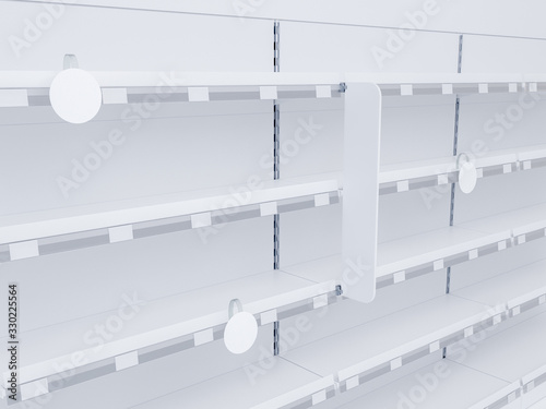 3D image of supermarket grocery shelving mockup in close up view with stoppers, woblers, shelf talkers and place for shelf tape