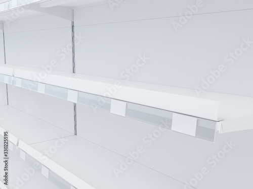 3D image of supermarket grocery shelving mockup in close up view with shelf talkers, price tags and place for shelf tape