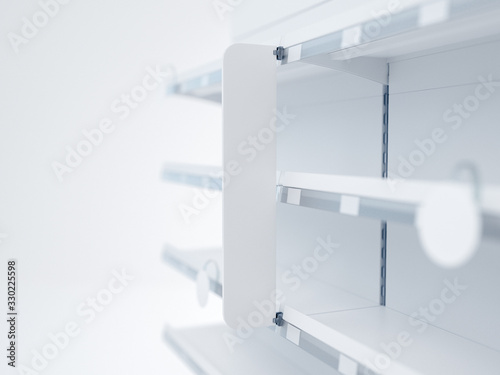 3D image Closeup view of stopper in focus on supermarket grocery shelving mockup with woblers, shelf talkers, price tags and place for shelf tape photo