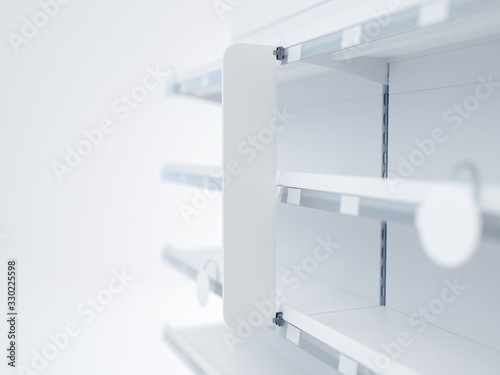 3D image Closeup view of stopper in focus on supermarket grocery shelving mockup with woblers, shelf talkers, price tags and place for shelf tape