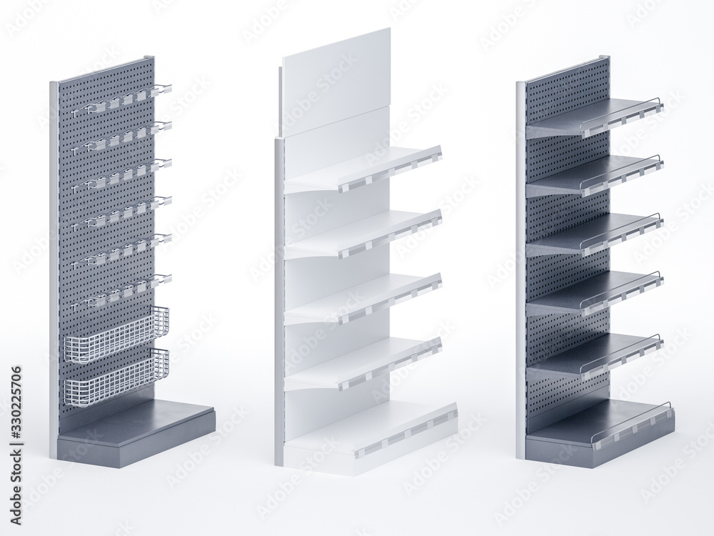 3D image set of three shelving with different equipment toppers, hooks