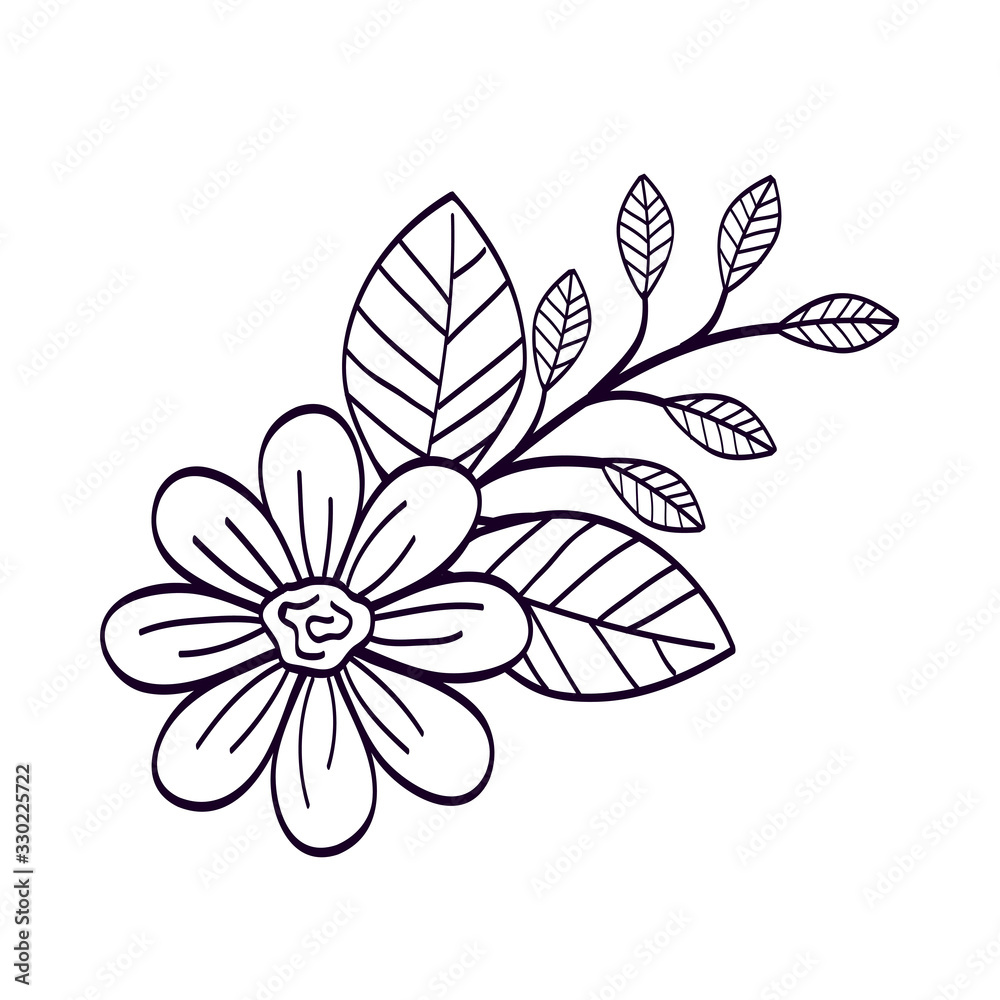 Obraz premium cute flower with branch and leafs line style icon vector illustration design