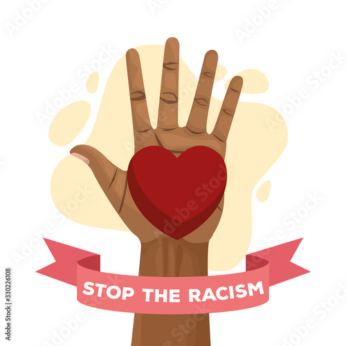 stop racism international day poster with hand and heart