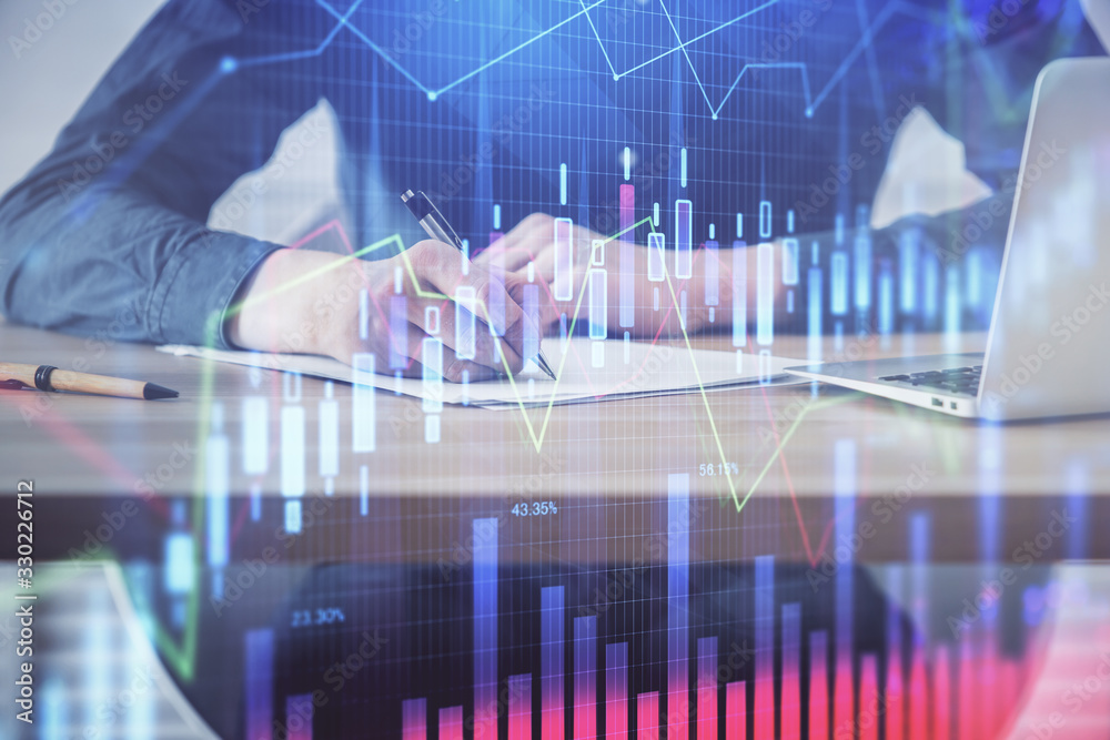 Double exposure hands with stock market chart. Double exposure hands with stock market chart.