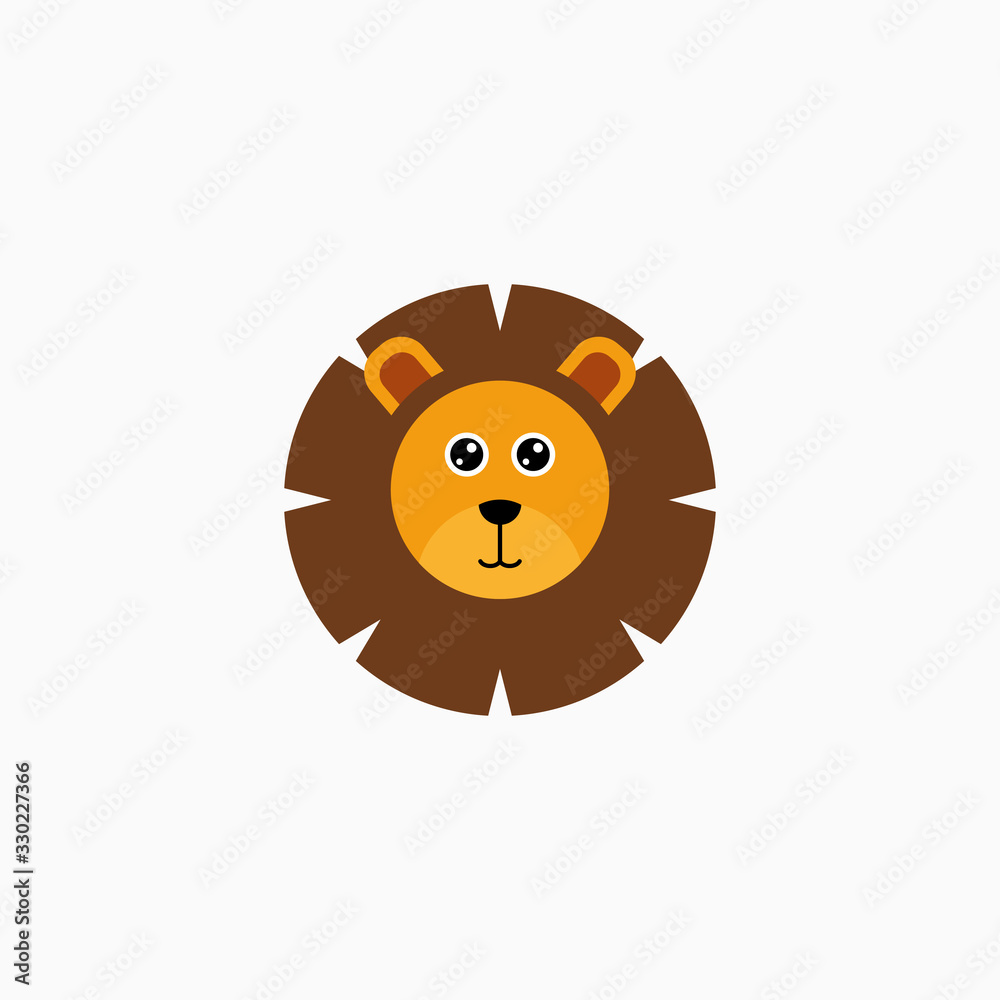 Vector Flat Lion's face isolated. Cartoon style illustration. Animal's head logo. Object for web, poster, banner, print design. Advertisement decoration element.