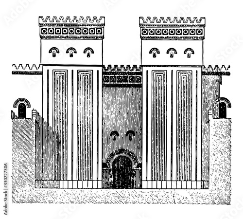 Faade of  Great Hall, Ptolemaic temple, vintage engraving.