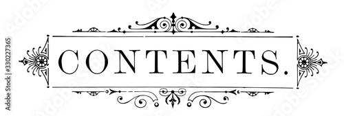 Filigree banner has a contents word is a center of banner, vintage engraving.