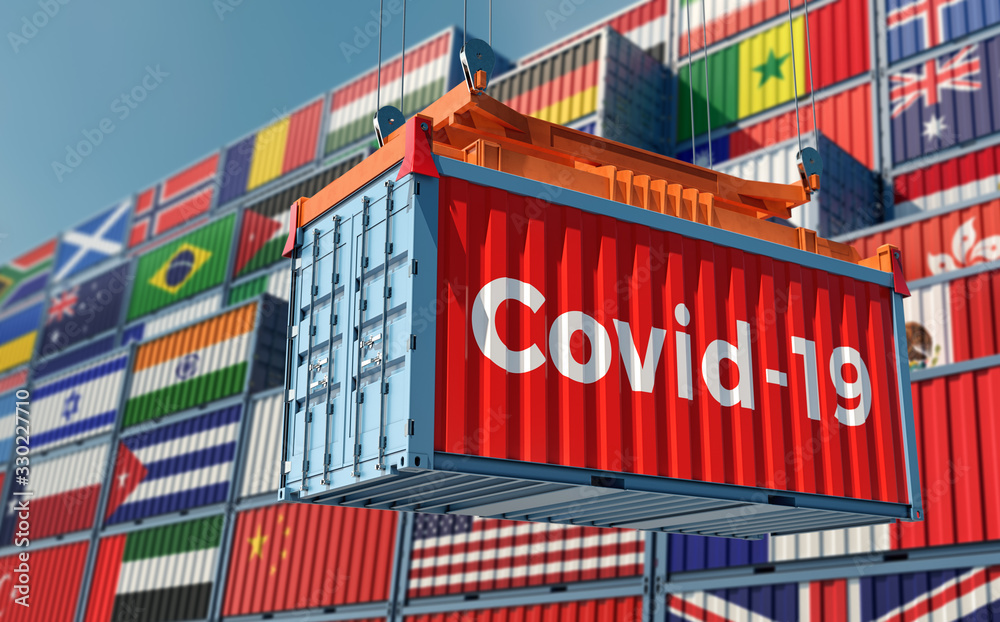 Container with Coronavirus Covid-19 text on the side. In the background containers with different national flags. Concept of international trade spreading the Corona virus. 3D Rendering Container with Coronavirus Covid-19 text on the side. In the background containers with different national flags. Concept of international trade spreading the Corona virus. 3D Rendering
